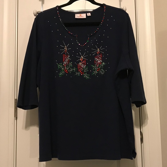 QF navy blue holiday 3/4 sleeve top with 3 blingy candles — sparkly! (2X) - Picture 2 of 16